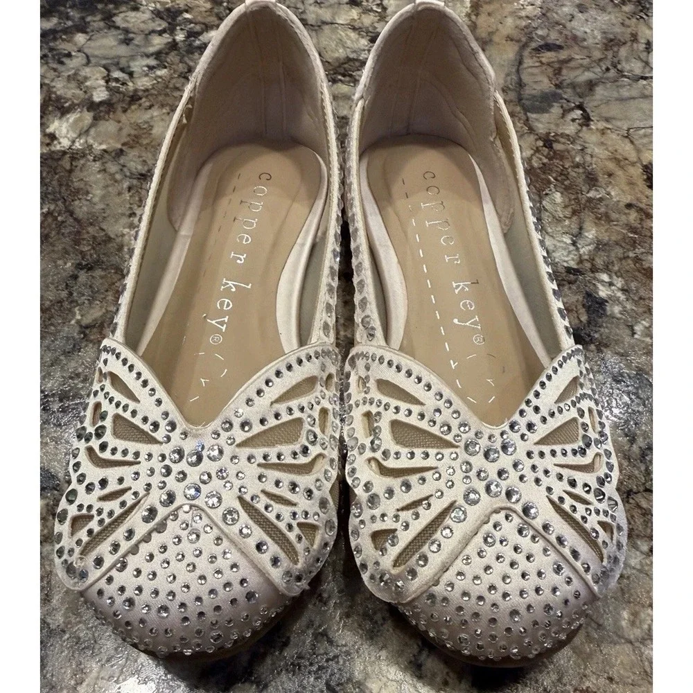 Copper Key Ritzie Satin Mesh Rhinestone Butterfly Dress Flats Girls Size 12 EUC
